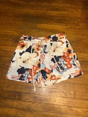 CHARLIE B Floral High-Waist Drawstring Shorts in Cream, Orange & Navy